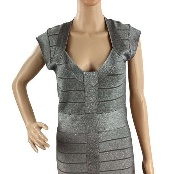 French Connection Spotlight Silver Metallic Knit Bodycon Dress Size 10 - Picture 2 of 7